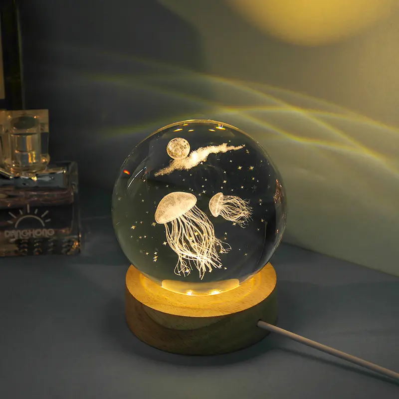 3D Art Layer Engraving Crystal Ball Night Lights Jellyfish Stars Whale Turtle Shells Pattern Round Luminous Wood Base
