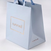 Sac shopping en papier bleu clair de luxe avec logo personnalisé en feuille d'or et poignée en ruban de satin bleu pour l'emballage de produits cosmétiques de boutique