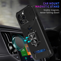 Coque de protection robuste avec fente pour carte et caméra coulissante pour iPhone 17 16 15 14 13 12 11 Pro Max Pro 7 8 Plus Mini, avec support magnétique et anneau