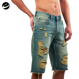 شورت جينز رجالي أصلي من XUCHANG بتصميم ممزق وحواف خام مغسول بطريقة المونكي مصنوع من القطن 100٪ - Product Image 2