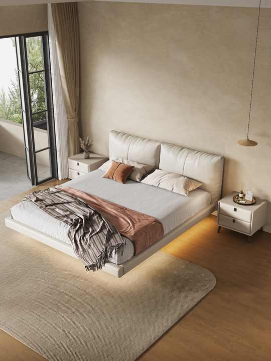 Factory Direct Sale Beige Genuine Leather Bed High Quality Upholstered