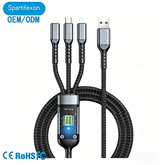 100W Fast Charging Cable 3-in-1 USB Cord with Transparent Power Display for iPhone & Android Phones Aluminum Alloy Construction