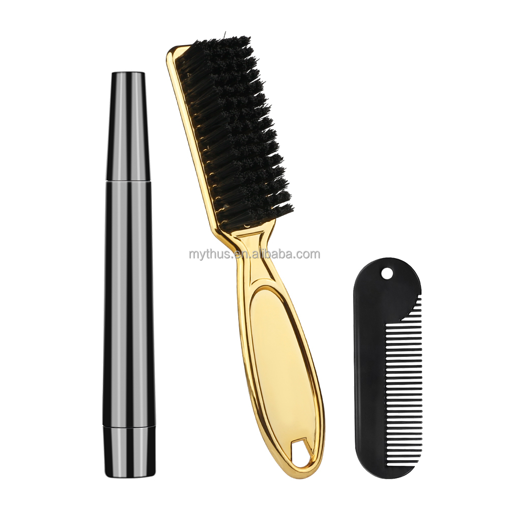 L'or se fanent brosse + stylo de barbe + ensemble de peigne en métal