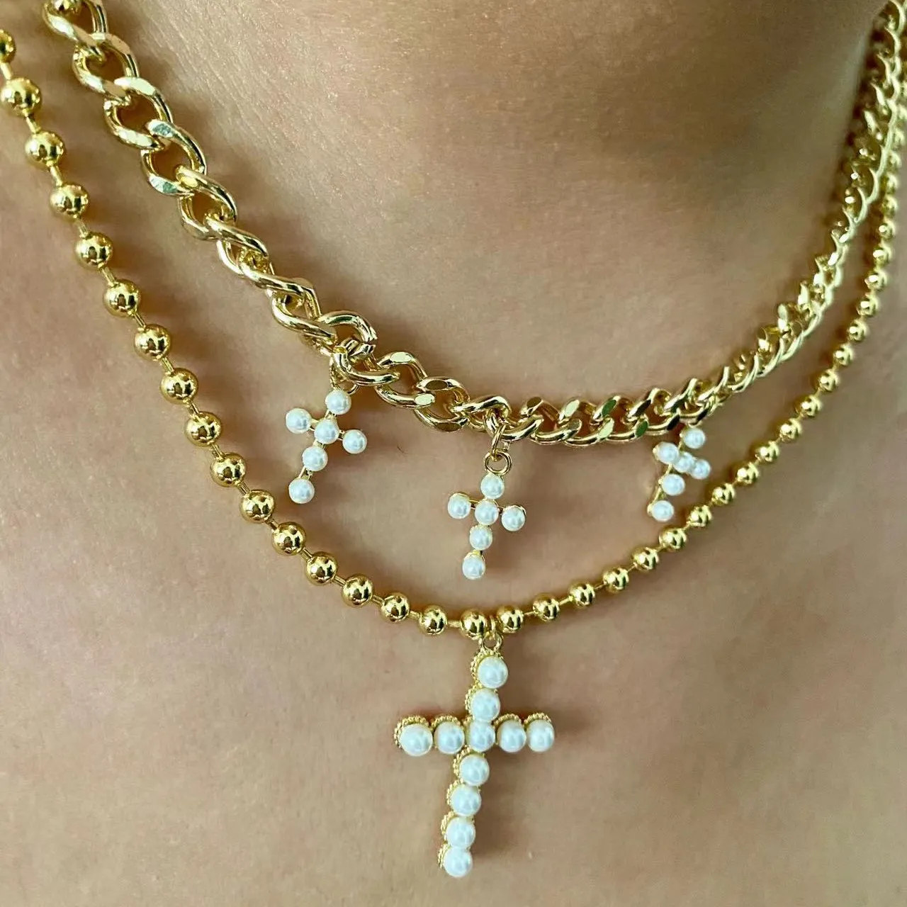 Đồ Trang Sức Thời Trang Phổ Biến Tôn Giáo Chữ Thập Vòng Cổ Ngọc Trai with18k Mạ Vàng Vòng Bead Chain Chéo Mặt Dây Chuyền Choker Cho Phụ Nữ