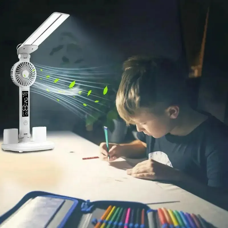 مصباح قراءة LED يمكن خفته لحماية العين مصباح طاولة قابل للطي متعدد الوظائف مع مروحة تعمل باللمس مصباح ليلي مع حامل قلم