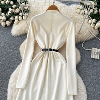 Robe décontractée élégante pour femme, coupe trapèze, manches longues, tricotée, col montant, ceinture à la taille, longueur midi, pour le quotidien