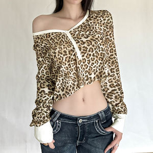 <b>Leopard</b> <b>Print</b> Cardigan <b>Crop</b> <b>Top</b> V-Neck Loose Long Sleeve T-Shirt Printed Button Casual Sexy - Product Image 5