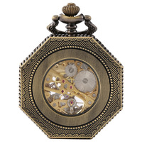 Montre de poche mécanique manuelle en alliage de zinc, à cadran noir ajouré octogonal, style antique bronze, créative et très vendue