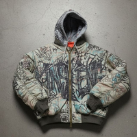 Chaqueta Bomber Personalizada de Estilo Urbano, Gruesa, de Poliéster y Algodón, Holgada, Corta, con Cierre, Estampado Gráfico, Graffiti, con Capucha, para Hombre