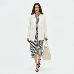Blazer élégant en <span class=keywords><strong>lin</strong></span> blanc à rayures fines, double boutonnage, boutons dorés, revers crantés, sur mesure pour <span class=keywords><strong>femme</strong></span>, idéal pour le bureau - Product Image 3