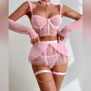 Lingerie King Mcgreen Star com luvas compridas sutiã transparente saia de malha suspensórios fantasia roupa íntima roupa erótica mais sexy