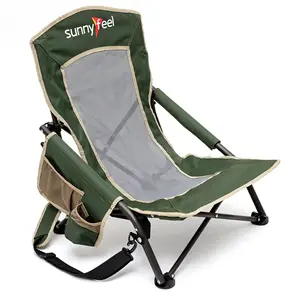 כיסא מחנה קל משקל עם גב נמוך סאניפיל בעיצוב בד נושם ירוק יער מתקפל שטוח עם מחזיקי כוסות ומשענות יד מרופדות