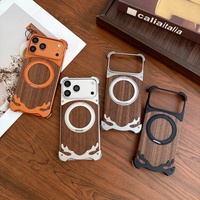 Étui magnétique tendance en bois de noyer avec panneau arrière pour iPhone 17 14 15 16 Pro Max avec protection à 360° °   Support de téléphone en alliage d'aluminium sans cadre