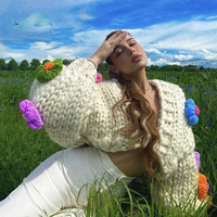 Pull cardigan en tricot épais fait main pour femme, motif floral multicolore, collection 2026