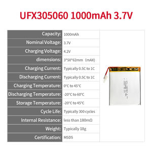 Taşınabilir cihazlar için yüksek performanslı UFX305060 <span class=keywords><strong>1000mAh</strong></span> 3.7V şarj edilebilir lityum pil pil hücresi - Product Image 2