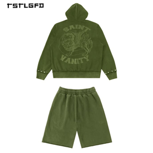 Ensemble de survêtement court deux pièces pour homme, personnalisé OEM, en coton délavé à l'acide vintage, avec sweat-shirt imprimé à fermeture éclair et clouté effet vieilli - Product Image 2