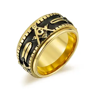 RFJEWEL cincin penghilang stres pria, Retro pola Freemason baja tahan karat emas/perak/hitam berlapis berputar