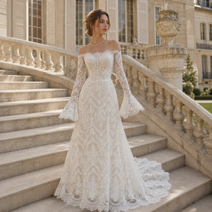 LY121 Elegant Boat Neck Lace Embroidery <b>Flare</b> Sleeve Wedding Dresses Mermaids - Product Image 1