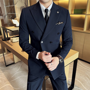 Traje de negocios de doble botonadura para hombre, conjunto de tres piezas de talla grande (chaqueta + chaleco + pantalón) para bodas, fiestas y series coreanas - Product Image 6