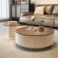 Table basse ronde gigogne en noyer avec tiroir de rangement, table d'appoint en verre, style moderne et minimaliste, pour salon, décoration intérieure, article d'ameublement