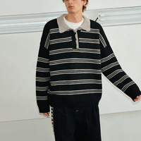 Pull-over en acrylique pour homme, col rétro rayé, couleurs contrastées, boutons, épais, chaud, coupe ample, 840g, collection automne/hiver