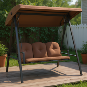 Columpio de Porche Metálico Marrón de 3 Asientos para Exteriores con Toldo y Cojines para Patio, Diseño Contemporáneo - Product Image 2