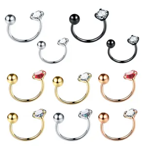 316L Surgical Steel Nose Septum Ring Circular Barbell Horseshoe Ring Ear Cartilage Helix Piercing Jewelry With 1 CZ Ends