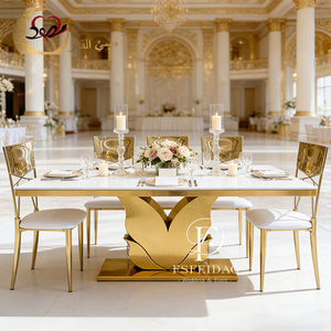 โต๊ะรับประทานอาหารสแตนเลสทรงสี่เหลี่ยมผืนผ้า ดีไซน์ทันสมัยไม่ซ้ำใคร ท็อปทำจาก MDF เหมาะสำหรับงานเลี้ยง งานแต่งงาน ใช้ในอพาร์ทเมนต์และโรงแรม - Product Image 1