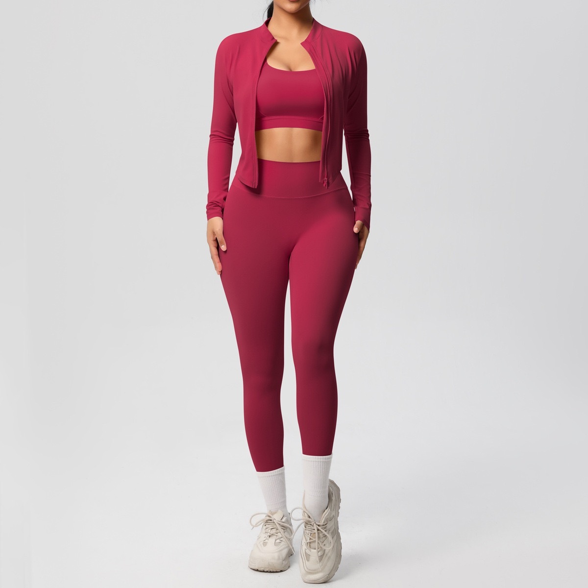 Custom Women's Quick-drying Yoga Sets Sportswear Workout Cloth 3 Piece Gym Fitness Sets Sports Bra, Leggings, Slim Fit Jackets