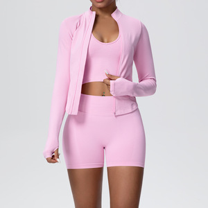 Ladies Seamless 3 Pieces Fitness Yoga Suit Full-Zip Jacket & Shockproof Padded Bra & Scrunch Butt Shorts Active Wear Set