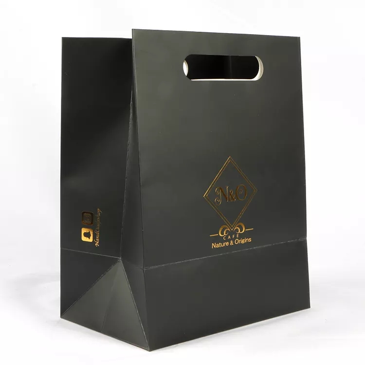 disposable custom logo hot stamping black die cut paper coffee takeaway bag