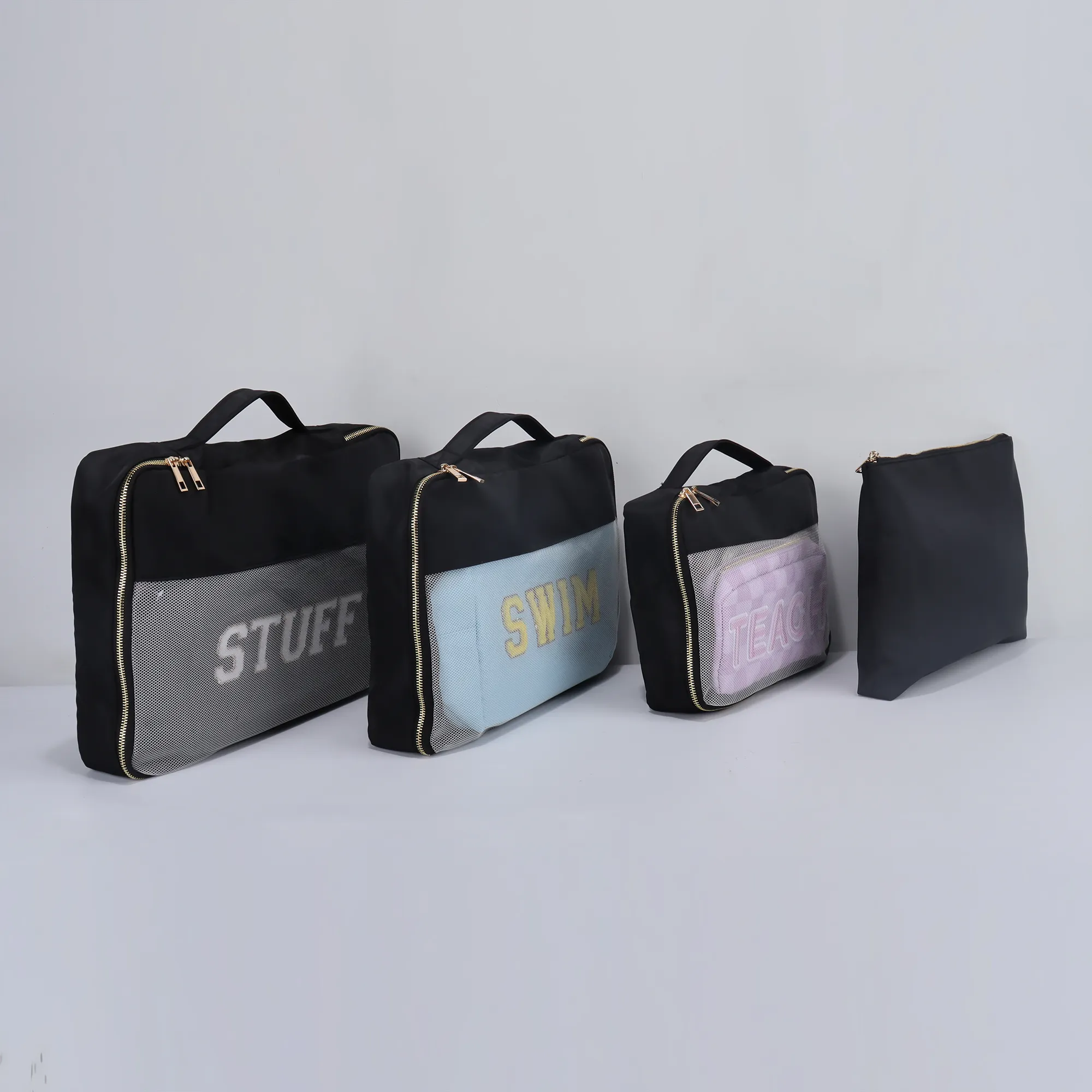 개인화 된 4pcs 내구성 나일론 메쉬 여행 가방 세트 여성 남성 야외 여행 가방 주최자 여행 정리 세트 포장 큐브