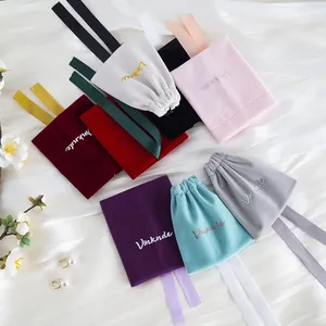 Sacs à bijoux en velours de luxe personnalisables 10x12cm avec ruban à nœud, logo personnalisé, emballage cosmétique pour mariage, sacs à cordon - Product Image 6