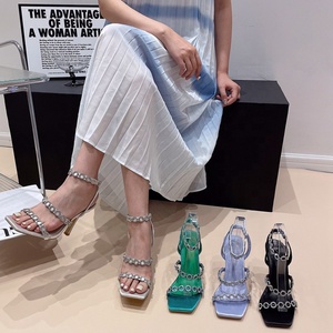Sandalias de tacón fino con cadena brillante para mujer, zapatos de tacón de aguja para fiesta, zapatos de vestir nuevos de verano - Product Image 6