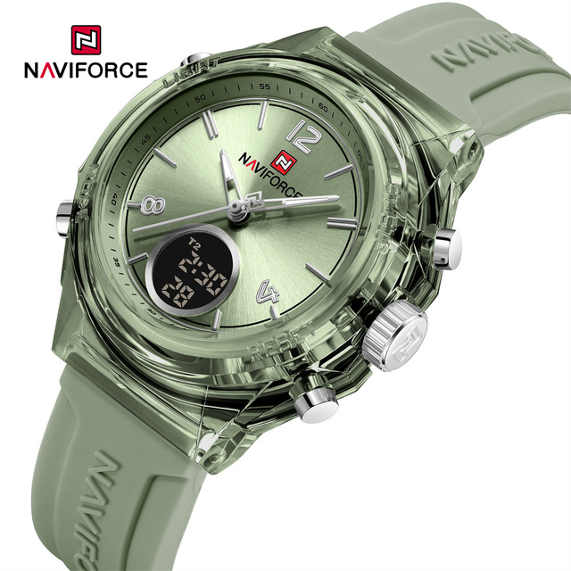 NAVIFORCE Dual Display Wrist Watch Women Lady Fashion Analog Quartz Multiple Time Zone Transparent Watches with Silicone Strap