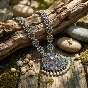 DIVYORO Multi Colored Gemstone Circular Pendant Oxydized Silver <b>Necklace</b> Set Vintage Bohemian Ethnic <b>Statement</b> Jewelry - Product Image 2