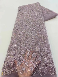 <span class=keywords><strong>Tulle</strong></span> <span class=keywords><strong>bleu</strong></span> africain NI.AI avec perles et paillettes, tissu brodé en dentelle pour robe de mariée - Product Image 3