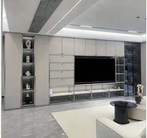 Meuble TV intégré gris moderne - Meuble de salon élégant avec étagères à éclairage LED et organisation de rangement dissimulée - Product Image 6