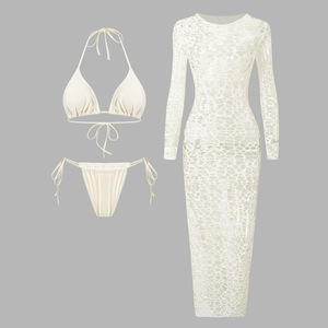 Abito da Spiaggia Personalizzabile con Logo, Costume da Bagno Solido Sexy con Cut-Out, Halter, Set Bikini <span class=keywords><strong>a</strong></span> 3 Pezzi con <span class=keywords><strong>Perizoma</strong></span> <span class=keywords><strong>a</strong></span> Vita Bassa e Vestito da Bagno <span class=keywords><strong>a</strong></span> Maniche Lunghe - Product Image 6