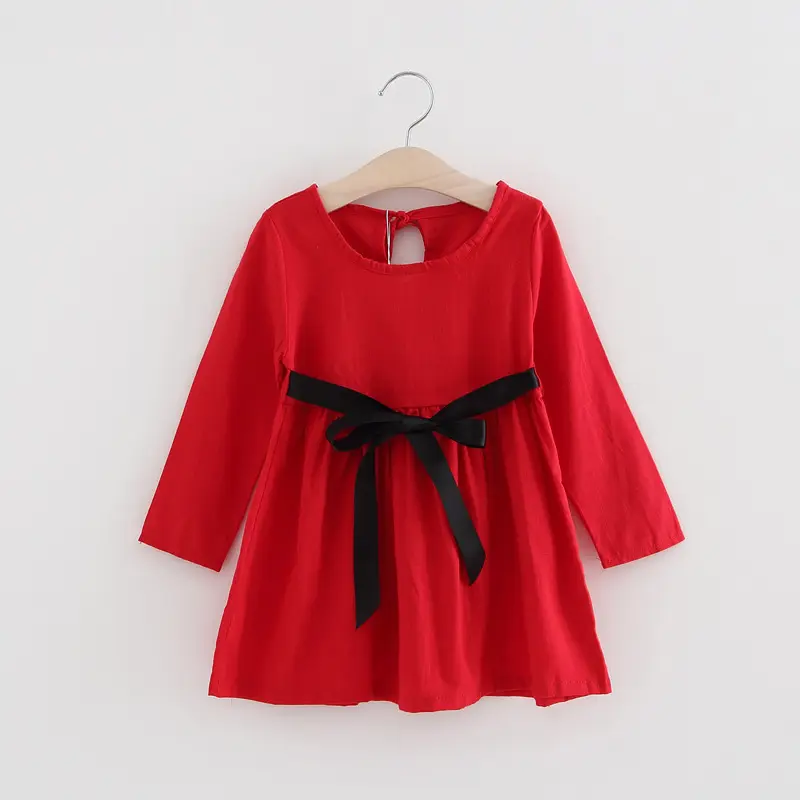 Осенняя милая детская одежда, дешевое Повседневное платье, трапециевидные хлопковые платья для маленьких девочек с длинным рукавом, красного цвета