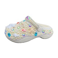 Sabots pour femmes à boucle en strass et perles blancs ivoire, semelle épaisse en EVA amortie, tige en PVC, doublure en PU, style mode