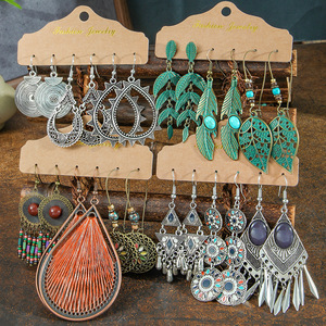 Ensemble de boucles d'oreilles pendantes bohèmes en alliage, design géométrique, plaqué argent antique, bijoux de fête pour femmes - Product Image 1