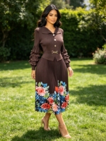 Robe de soirée mi-longue pour femme, de haute qualité, dernière collection, grande taille, élégante, stylée, à volants, imprimé floral, manches longues, plissée Miyake