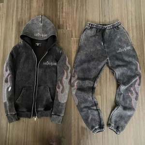Sweat à capuche zippé avec strass pour hommes Jogger Vintage Cropped Casual Street Wear Acid Wash Hoodie and Sweatpants Set - Product Image 2