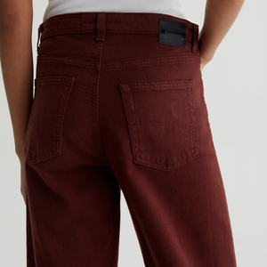 OEM/ODM <span class=keywords><strong>Jean</strong></span> court <span class=keywords><strong>bordeaux</strong></span> profond taille haute jambe large pour les femmes ourlets bruts de coton denim hyper doux taille extensible à double élastique - Product Image 2