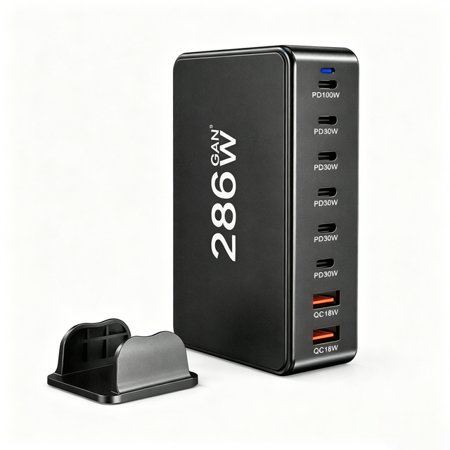 286W High Power GaN Charger, Gallium Nitride Fast Charging Adapter, Multi USB Port Desktop Power Supply for Tablet Smartphone