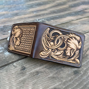 Genuine Leather Floral Filigree and Basket Weave Handmade <strong>Wallet</strong> , Veg Tanned Leather Bi Fold - Product Image 1