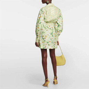 Mùa hè hoa-in v-cổ ăn mặc phổ biến giản dị kỳ nghỉ phong cách dài tay vòng eo tự nhiên dệt logo nút thắt lưng kỹ thuật số - Product Image 2