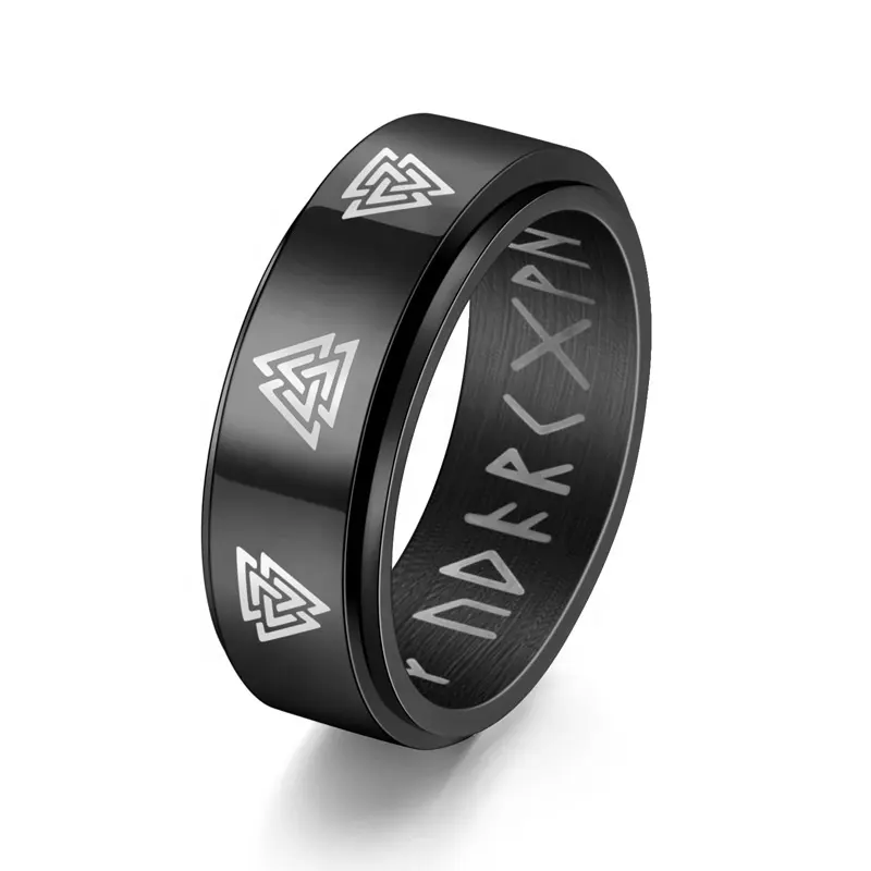 8MM Chunky Viking Numeral Letters Engraved Inside Spinning Rings Celtic Triangle Symbol Rotatable Stainless Steel Fidget Ring