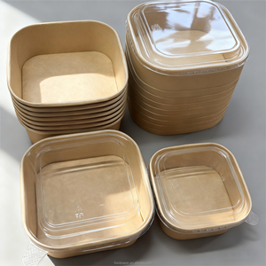 ชามกระดาษคราฟท์ทรงสี่เหลี่ยมพร้อมฝาปิดใสขนาด500มล. 650มล. 1000มล. ให้ความร้อนสำหรับบาร์บีคิวอาหารเช้าใช้ในร้านอาหารตัวอย่างฟรี - Product Image 1